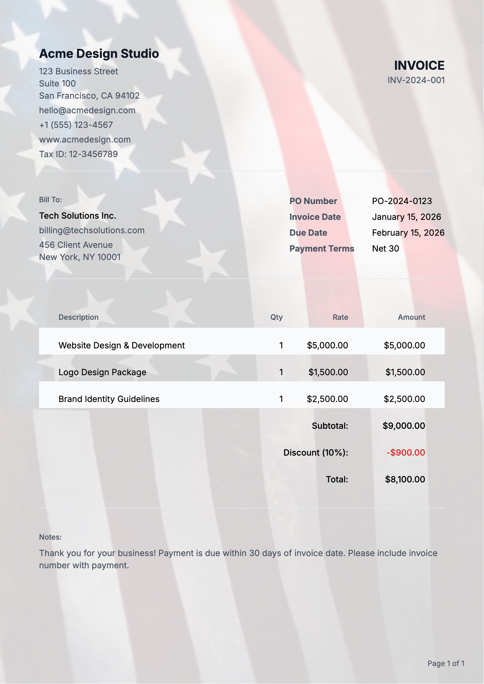 American Patriotic invoice PDF template