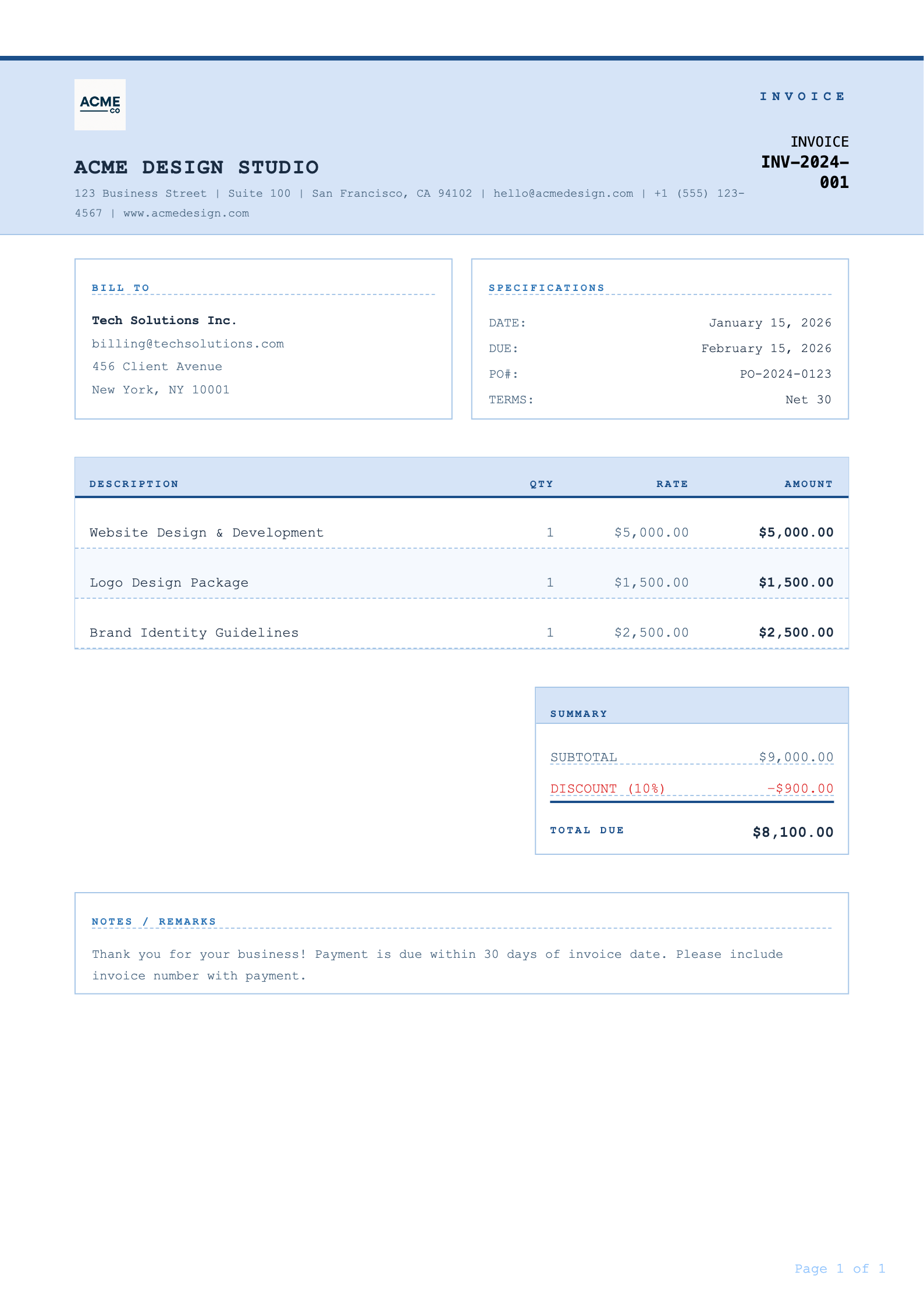 Blueprint invoice PDF template