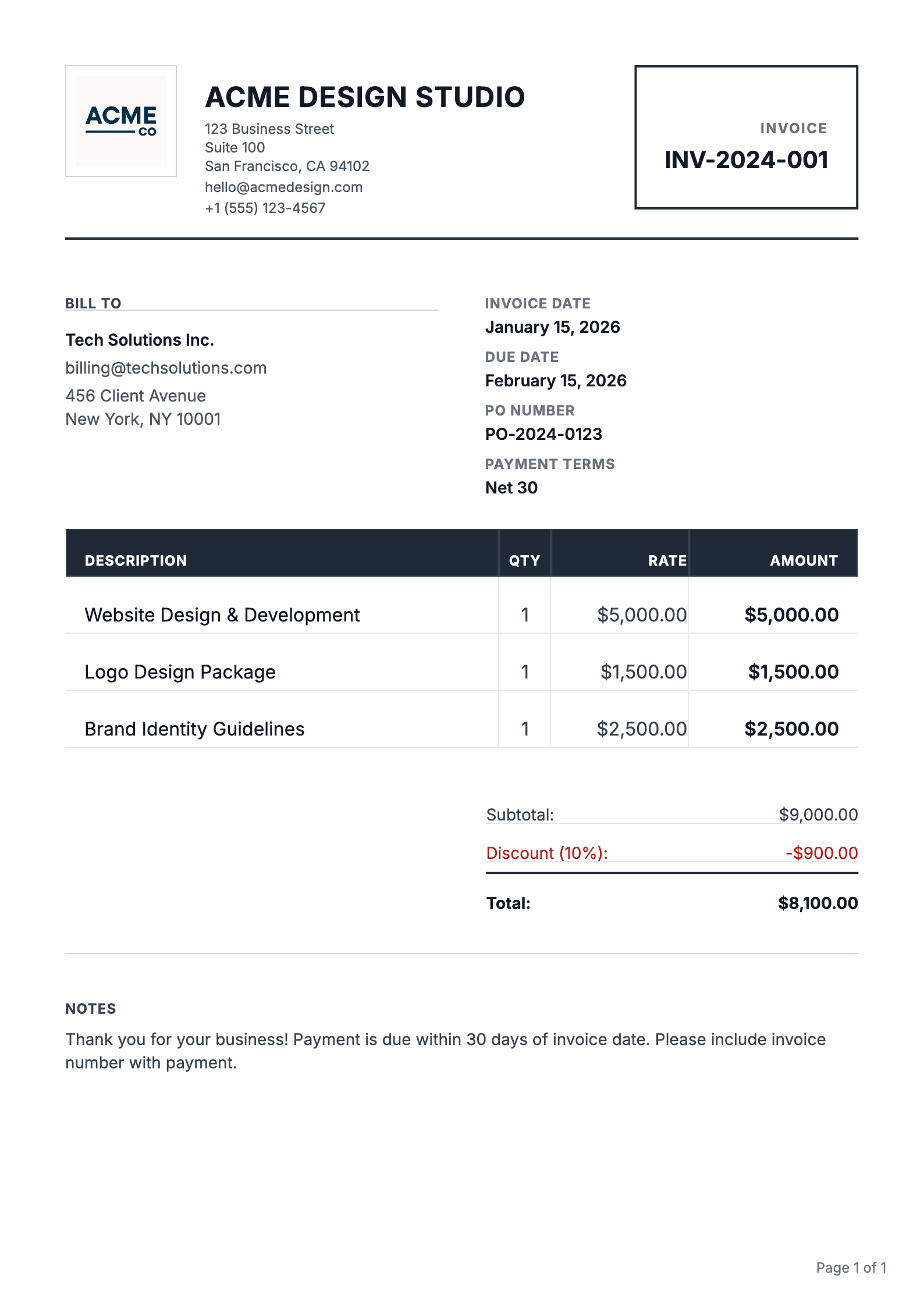 Corporate invoice PDF template