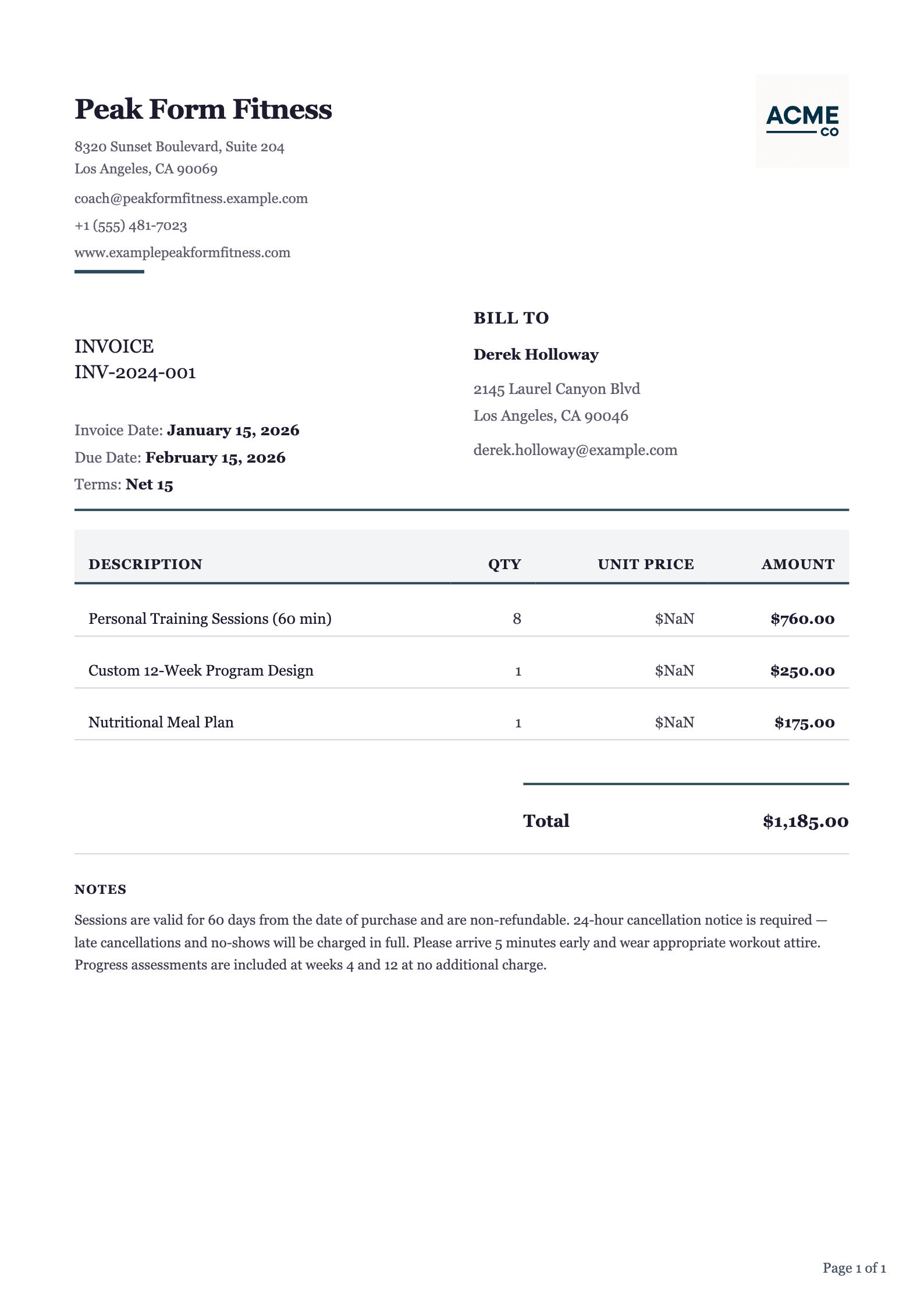 Dark invoice PDF template preview