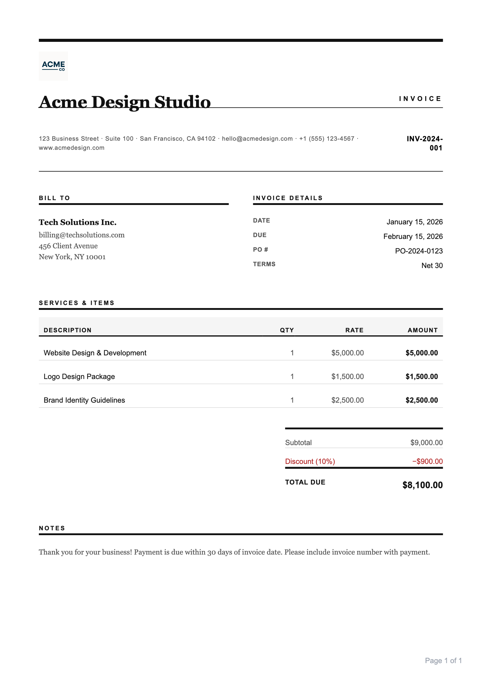 Editorial invoice PDF template