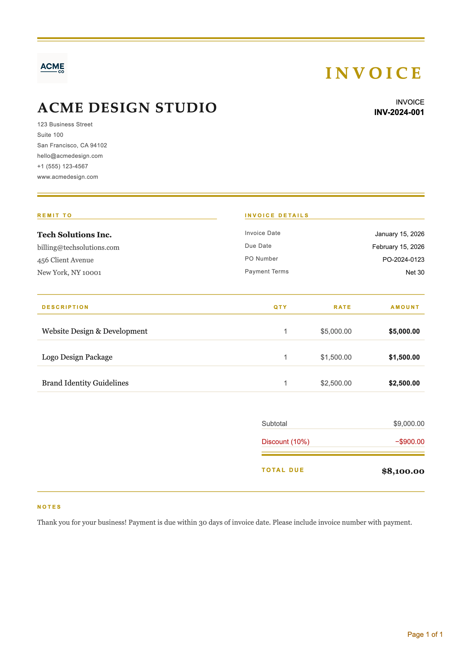 Executive invoice PDF template