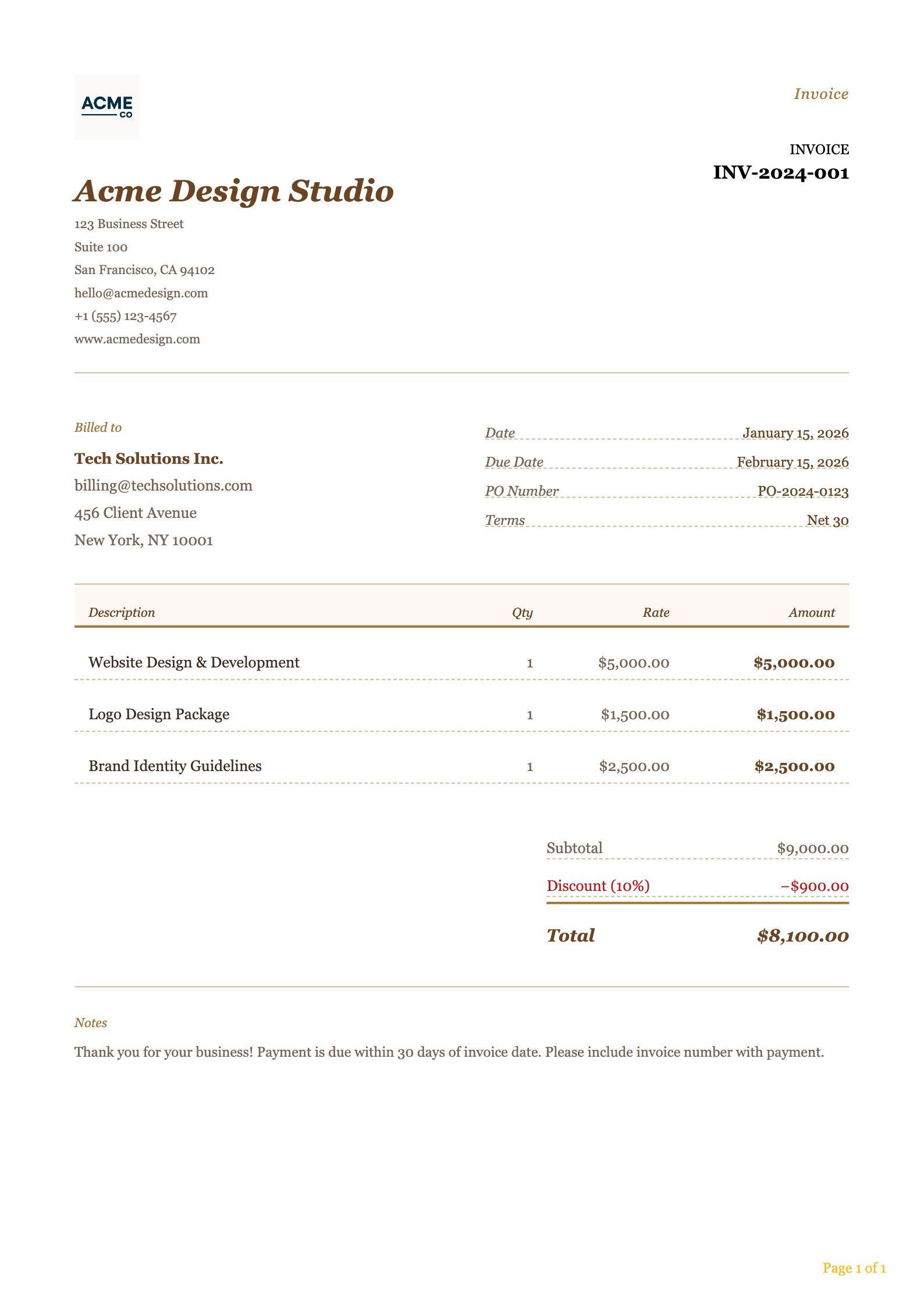 Handcrafted invoice PDF template