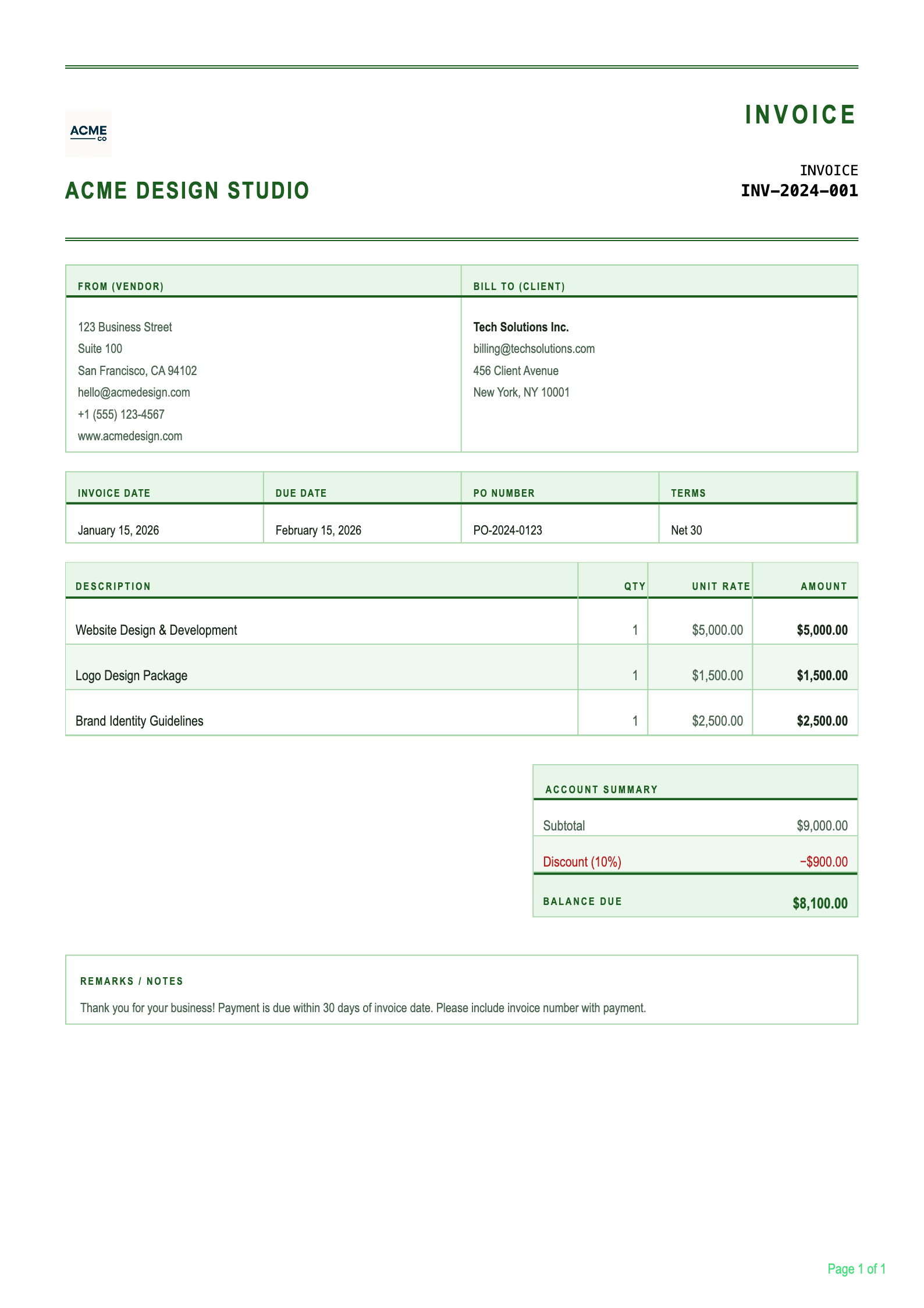 Ledger invoice PDF template