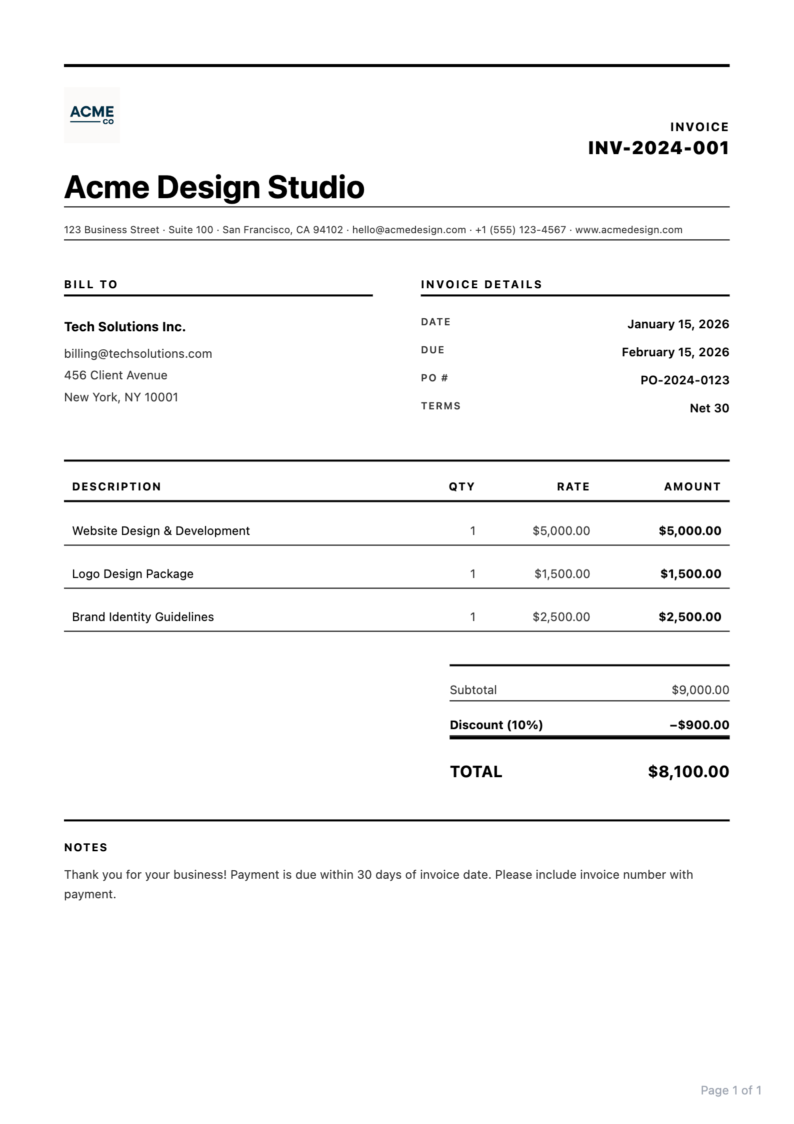 Monochrome invoice PDF template preview