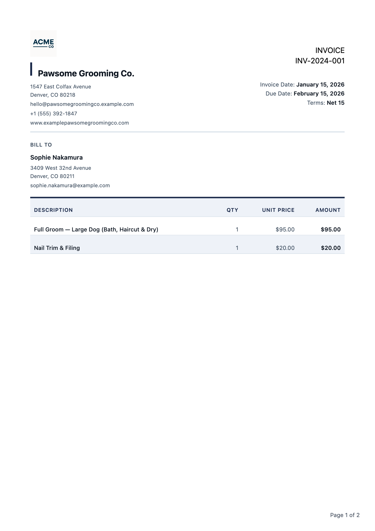 Navy invoice PDF template preview