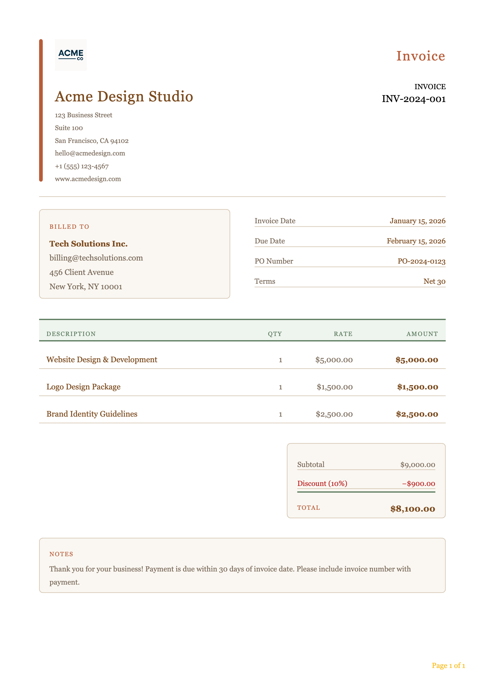Organic invoice PDF template preview