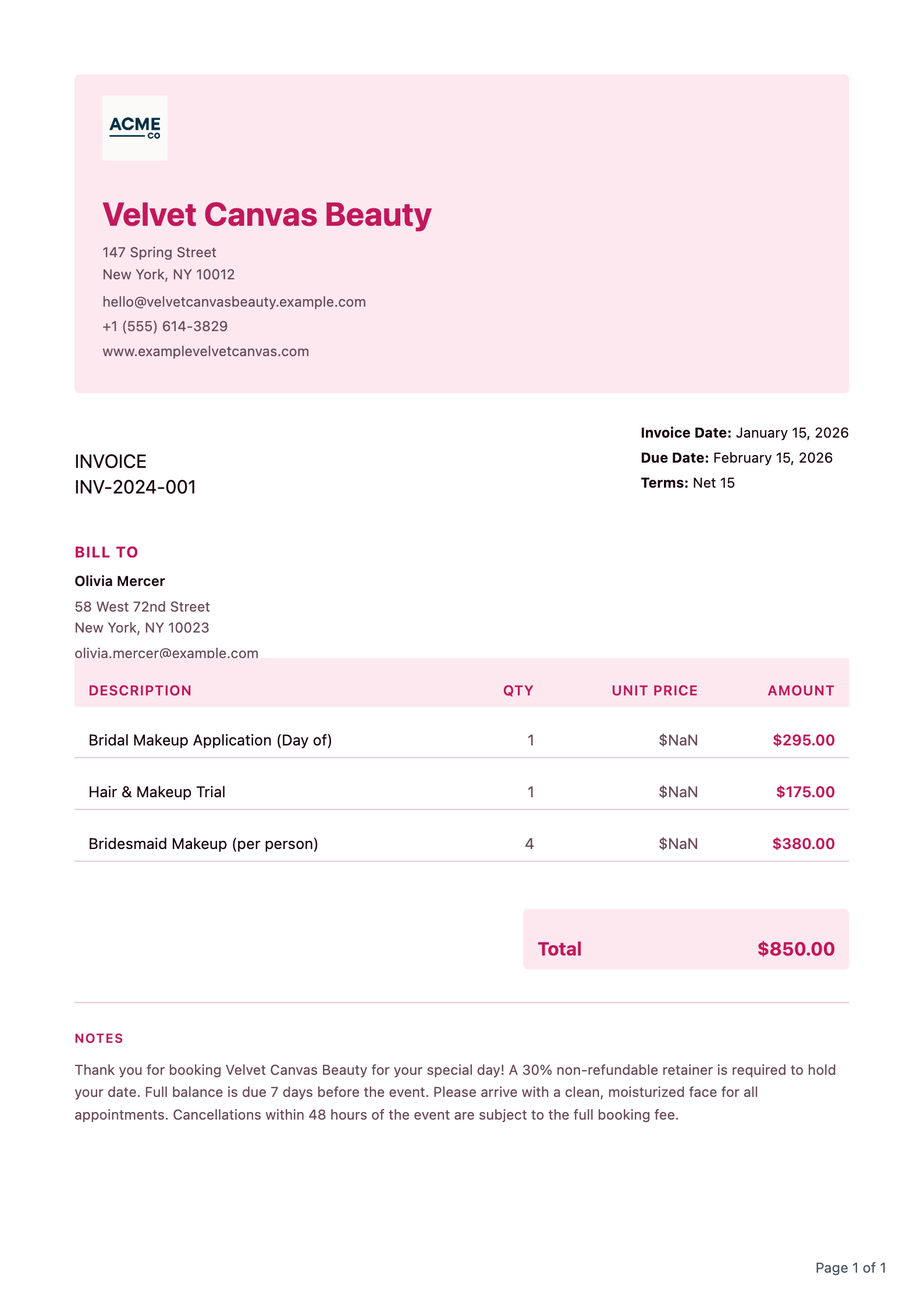 Pink invoice PDF template