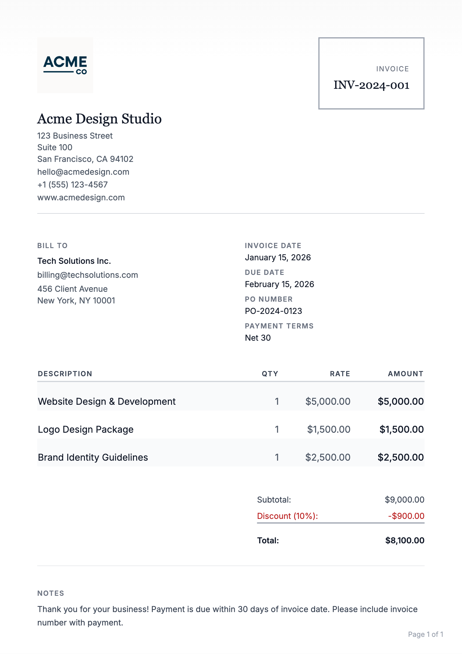 Professional invoice PDF template