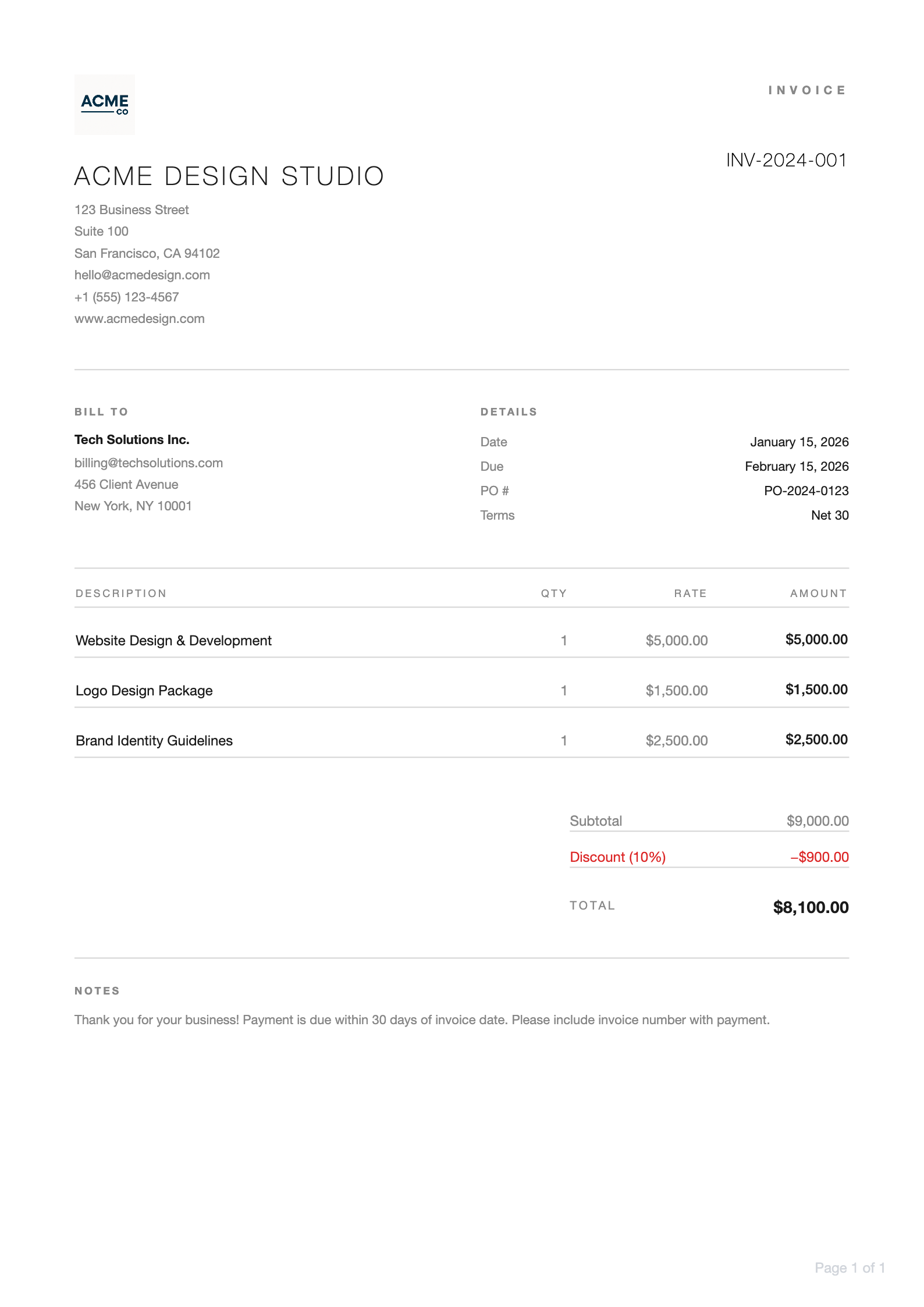 Studio invoice PDF template