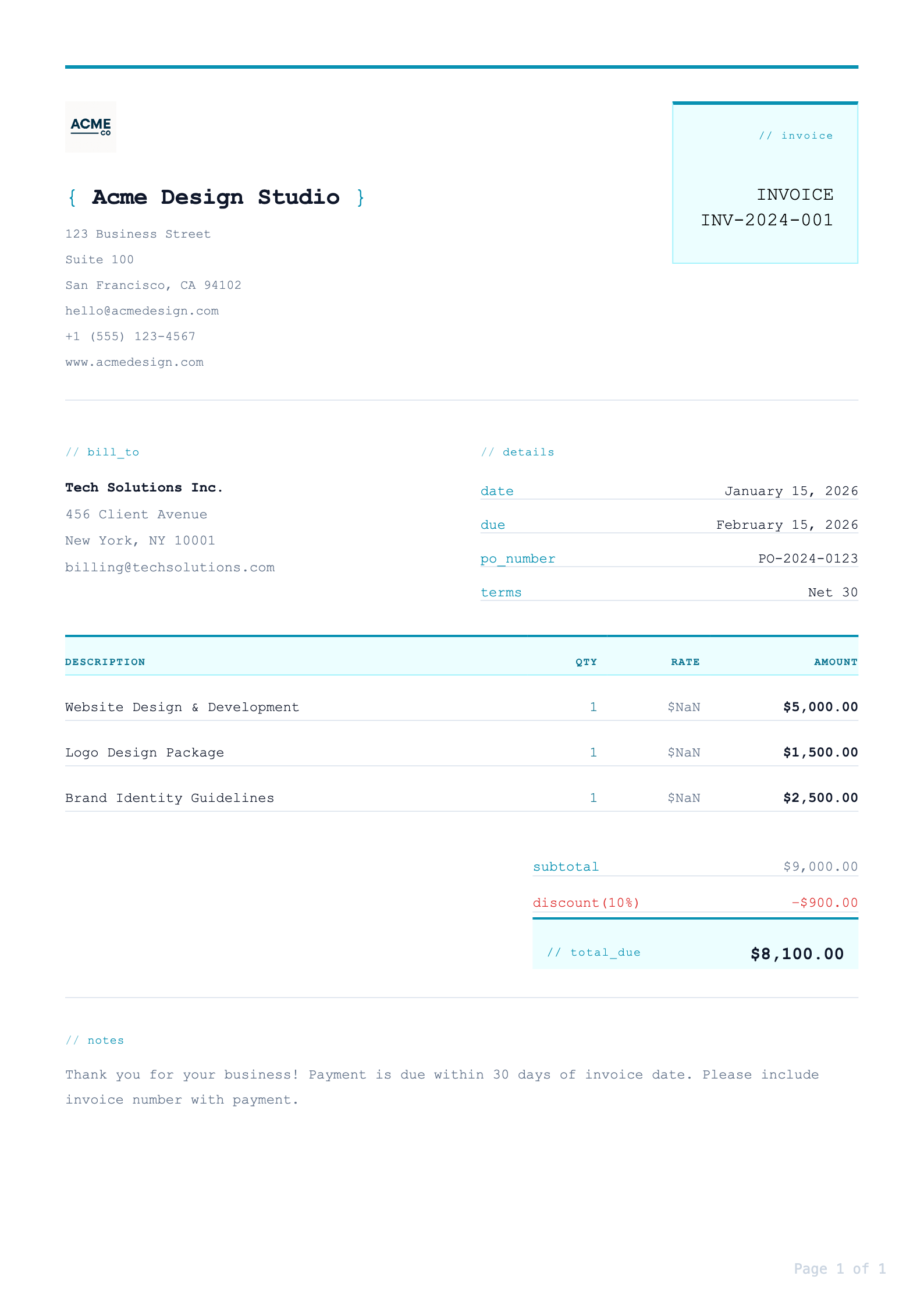 Tech invoice PDF template preview
